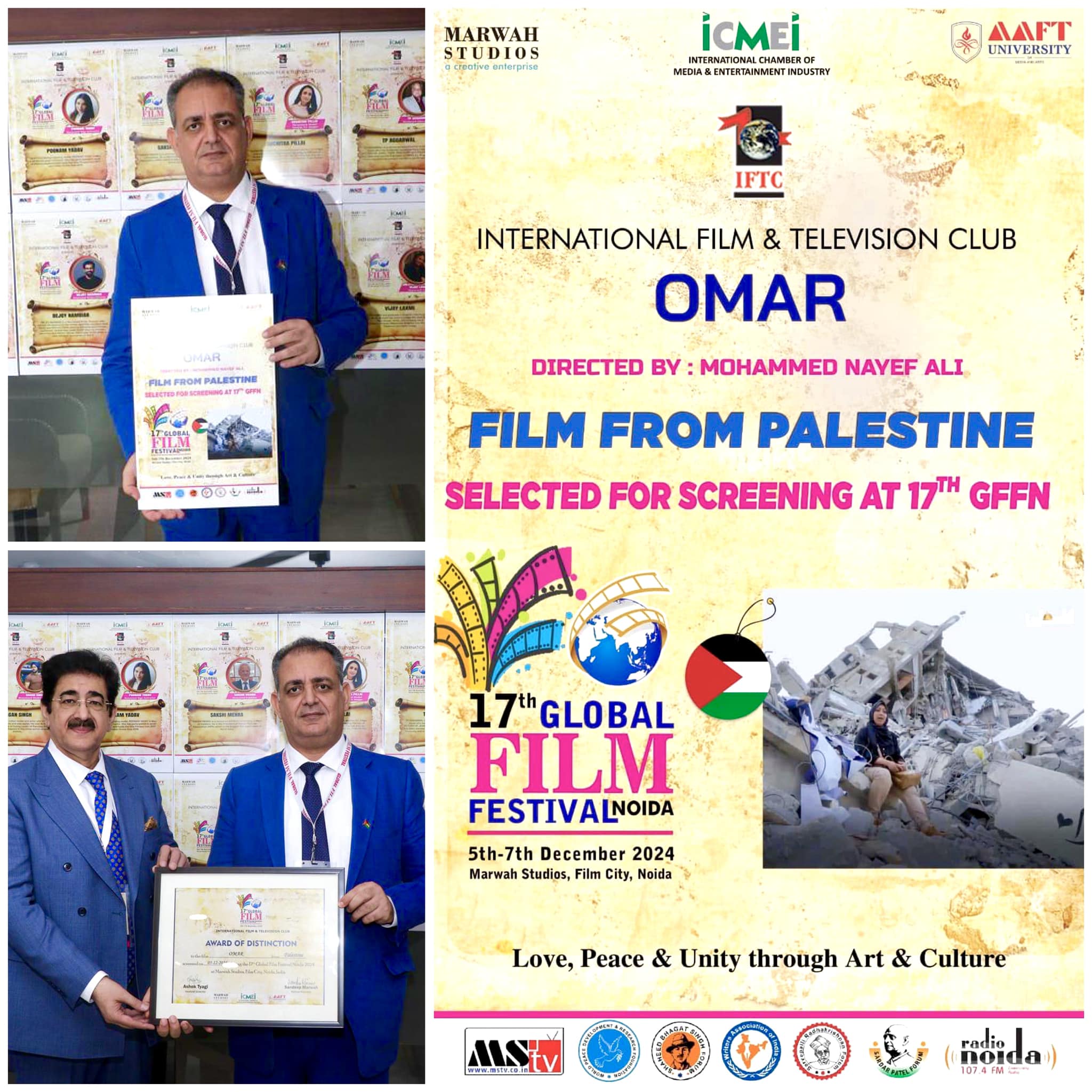 Award of Distinction to Palestine Film at 17th Global Film Festival Noida