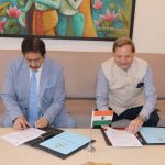 President Sandeep Marwah Signs MOU with Maj. Gen. B.K. Sharma (ANSM, SM) and Maj. Gen. P.K. Goswami (VSM) at AAFT