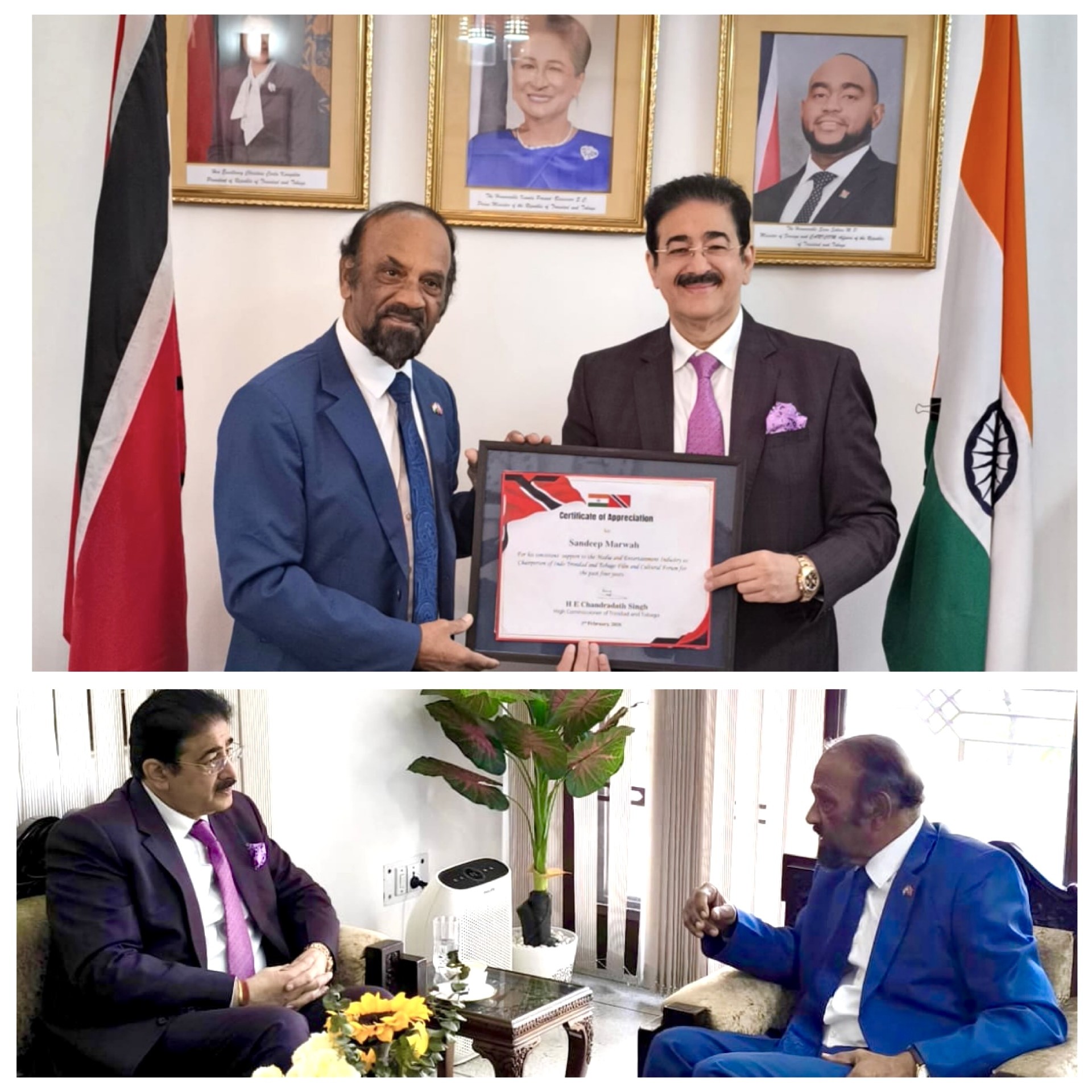 H.E. Chandradath Singh Honours Sandeep Marwah for Strengthening Indo–Trinidad & Tobago Cultural Relations